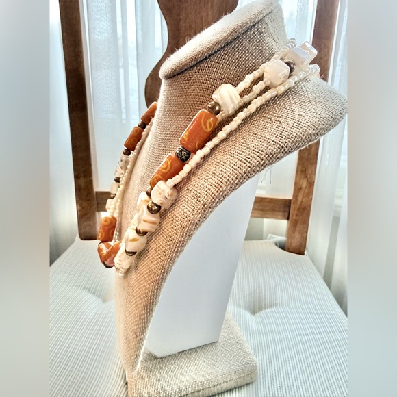 Millefiori Cube & barrel Cream Mustard Orange Art-glass & Seed Bead Necklace - Picture 3 of 14